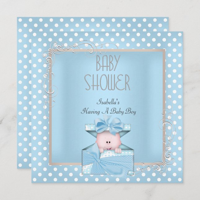 Cute Boy Baby Shower Blue White Polka Dots Invitation (Front/Back)