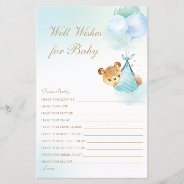 Cute Boy Bear Balloons Well Wishes for Baby Shower (Front)