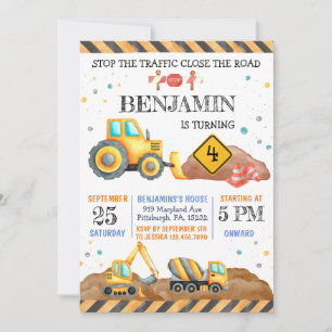 Cute Boy Birthday Construction Vehicles Party Invitation