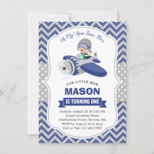Cute Boy Blue Grey Aeroplane 1st Birthday Party Invitation