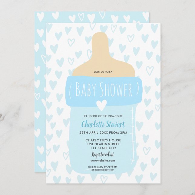 Cute  boy blue hearts baby bottle baby shower invitation (Front/Back)