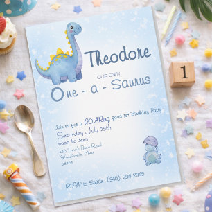Cute Boy Blue Watercolor One-a-Saurus 1st Birthday Invitation