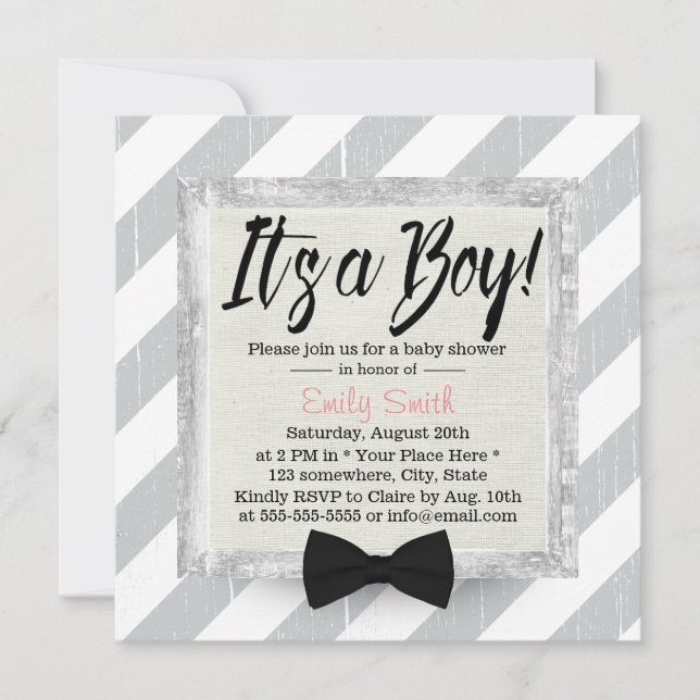 Cute Boy Bow Tie Light Grey Stripes Baby Shower Invitation (Front)