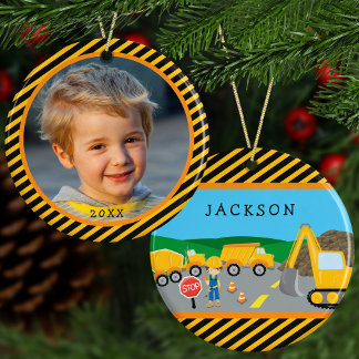 Cute Boy Construction Vehicle Kids Photo Christmas Ceramic Ornament