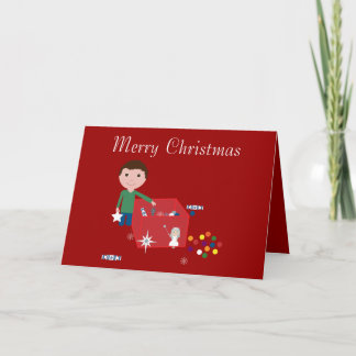 Cute Boy & Decoration Box Red Christmas Card