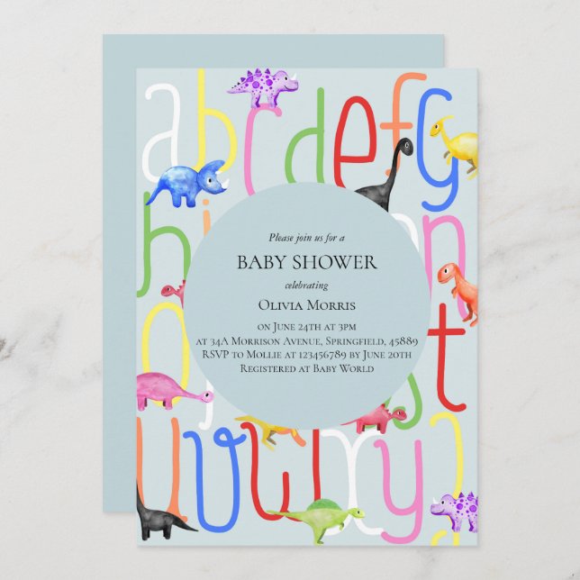 Cute Boy Dinosaur and Alphabet Baby Shower Invitation (Front/Back)
