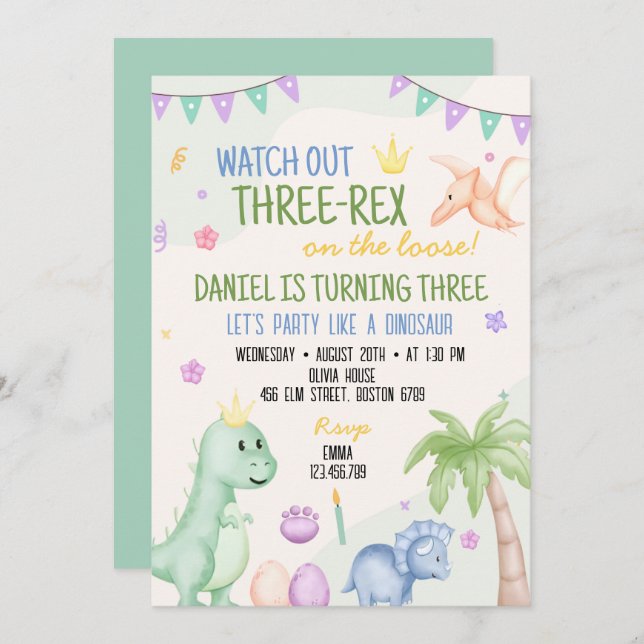 Cute Boy Dinosaur Birthday Party Invitation (Front/Back)