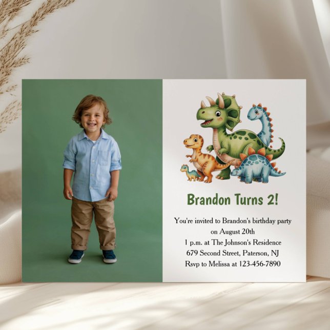 Cute Boy Dinosaur Photo Kids 2nd Birthday Party Invitation (Creator Uploaded)