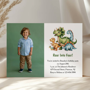Cute Boy Dinosaur Photo Kids 4th Birthday Party Invitation