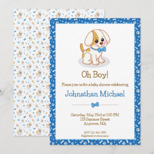 Cute Boy Dog Blue Bow Tie Personalised Baby Shower Invitation