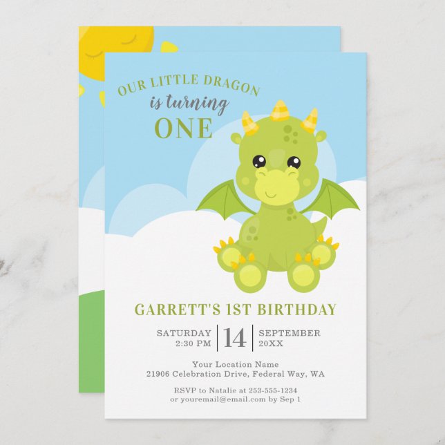 Cute Boy Dragon 1st Birthday Invitation (Front/Back)