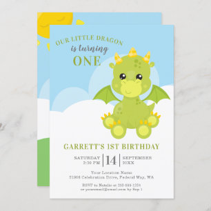 Cute Boy Dragon 1st Birthday Invitation