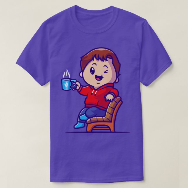 Cute Boy Drink Hot Coffee On Chair Cartoon T-Shirt (Design Front)