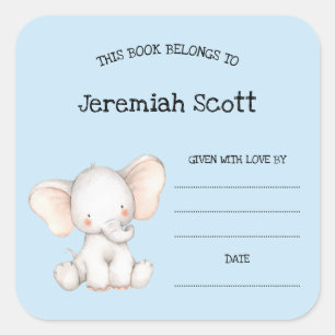 Cute boy elephant baby shower bookplate square sticker