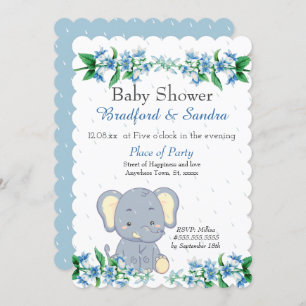 Cute Boy Elephant Blue Floral Baby Shower Invitation