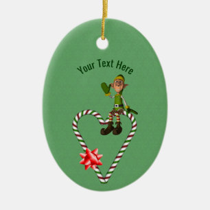 Cute Boy Elf Candy Cane Holiday Personalised Ceramic Ornament