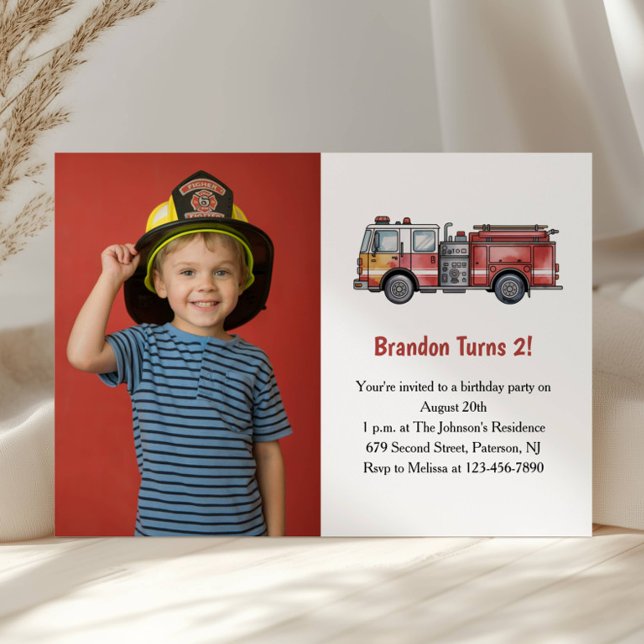 Cute Boy Firefighter Photo Kids 2nd Birthday Party Invitation (Creator Uploaded)
