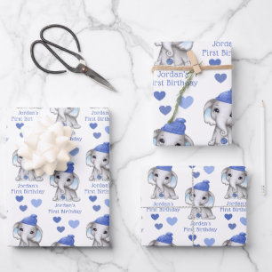 Cute Boy First Birthday Blue Elephant Personalised Wrapping Paper Sheet