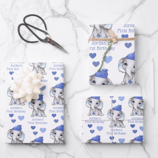 Cute Boy First Birthday Blue Elephant Personalised Wrapping Paper Sheet (Front)