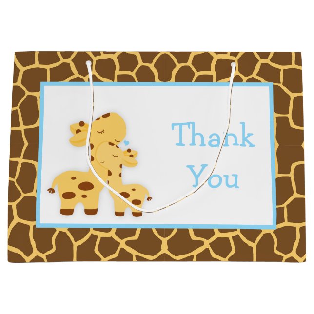 Cute Boy Giraffe Baby Shower Thank You Large Gift Bag (Front)