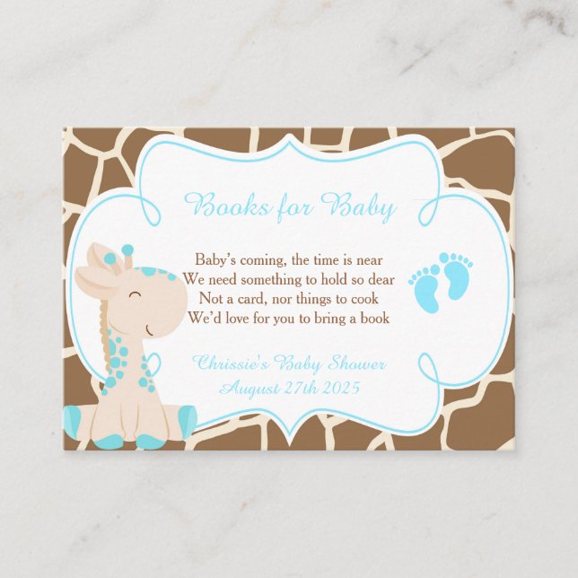 Cute Boy Giraffe Book Request for Baby Shower Enclosure Card (Front)