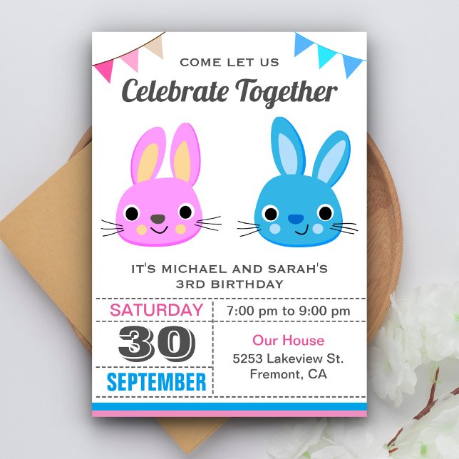 Cute Boy Girl Bunny Twin Birthday Party Invitation (Creator Uploaded)