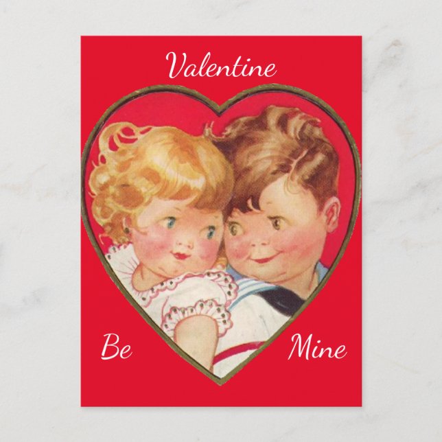 Cute Boy & Girl Heart Vintage Valentine Postcard (Front)