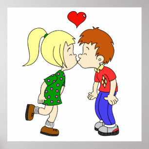 Cute boy girl kiss cartoon kids poster