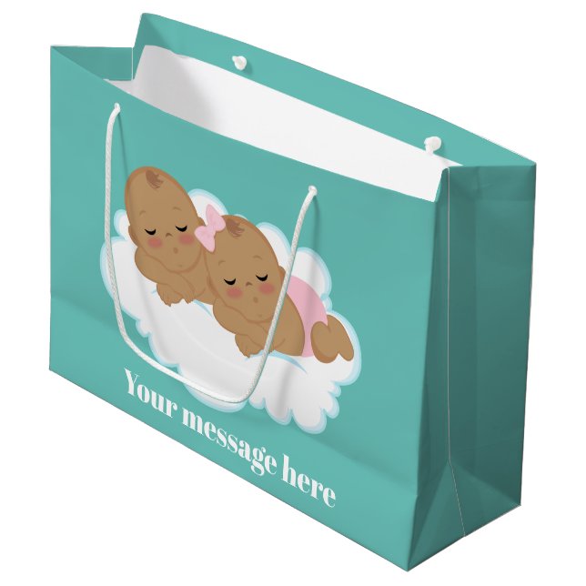Cute boy girl twins baby shower large gift bag (Front Angled)