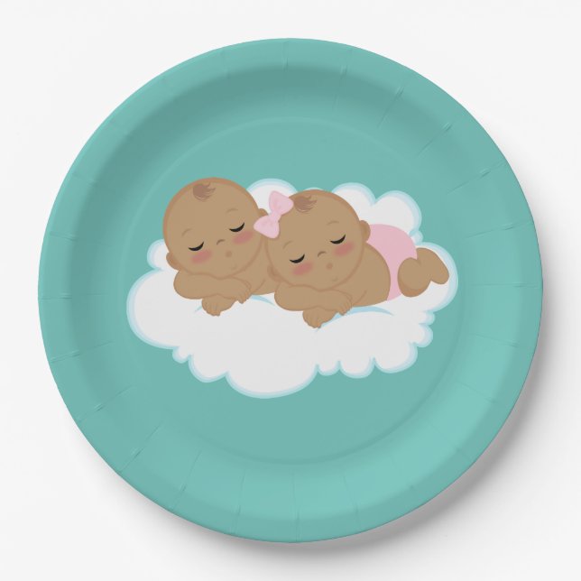 Cute boy girl twins baby shower paper plate (Front)