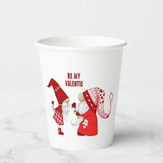 Cute Boy & Girl Valentines Gnome Be My Valentine Paper Cups (Front)