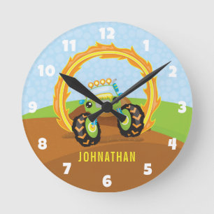 Cute Boy Green Monster Truck Personalised Round Clock