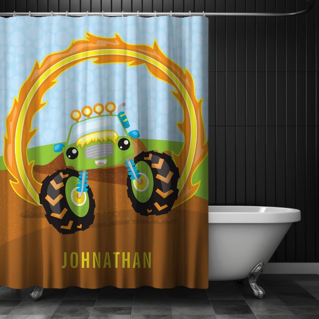 Cute Boy Green Monster Truck Personalised Shower Curtain (Cute Boy Green Monster Truck Personalized Shower Curtain)