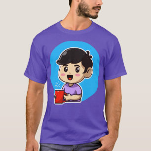 Cute Boy Holding Hot Coffee Cartoon T-Shirt