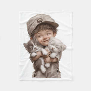 Cute Boy Hugging Kittens Art Fleece Blanket