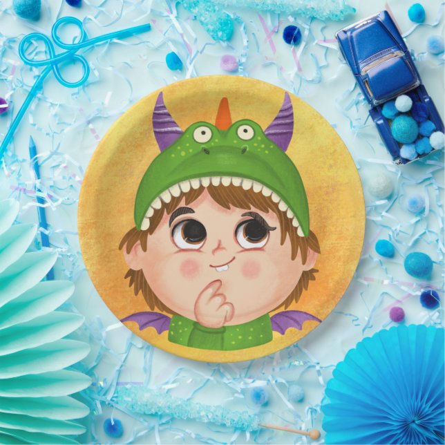 Cute boy in a Dragon costume  Paper Plate (Party)