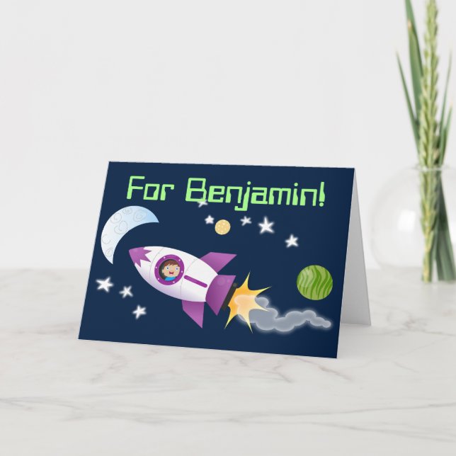 Cute boy in rocket ship cartoon illustration card (Front)