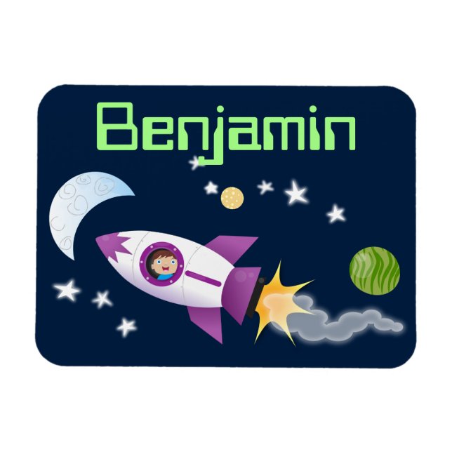 Cute boy in rocket ship cartoon illustration magnet (Horizontal)