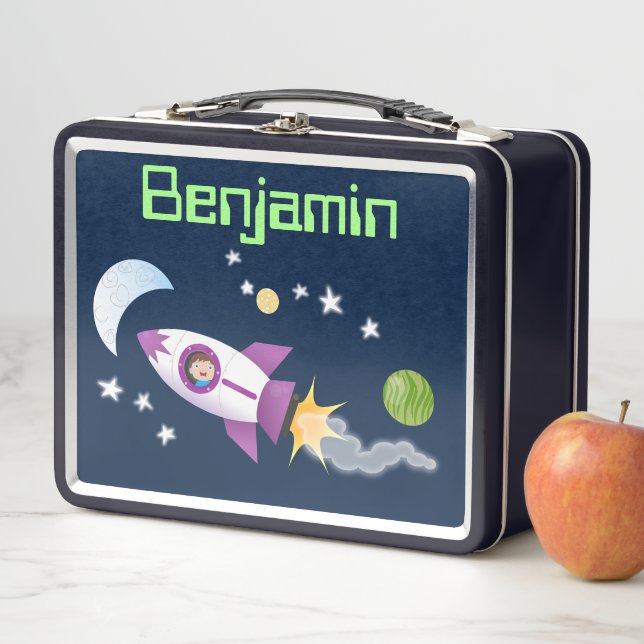 Cute boy in rocket ship cartoon illustration metal lunch box (In Situ)