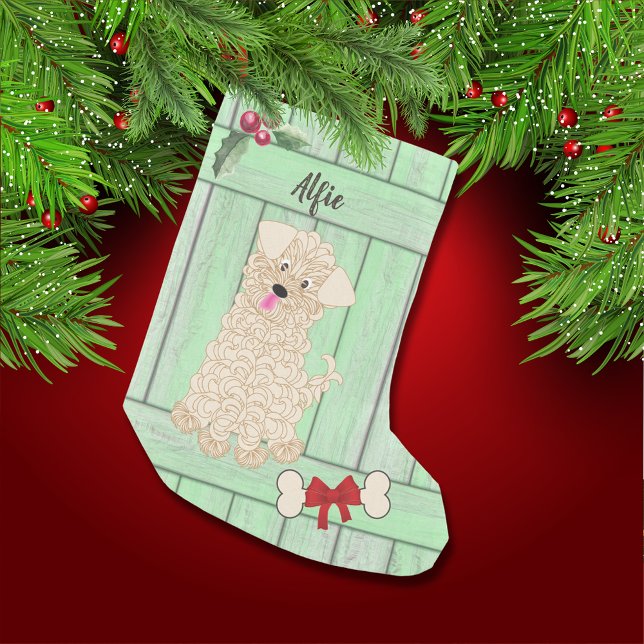 Cute Boy Maltipoo Green Wooden Fence Monogram Small Christmas Stocking (Creator Uploaded)