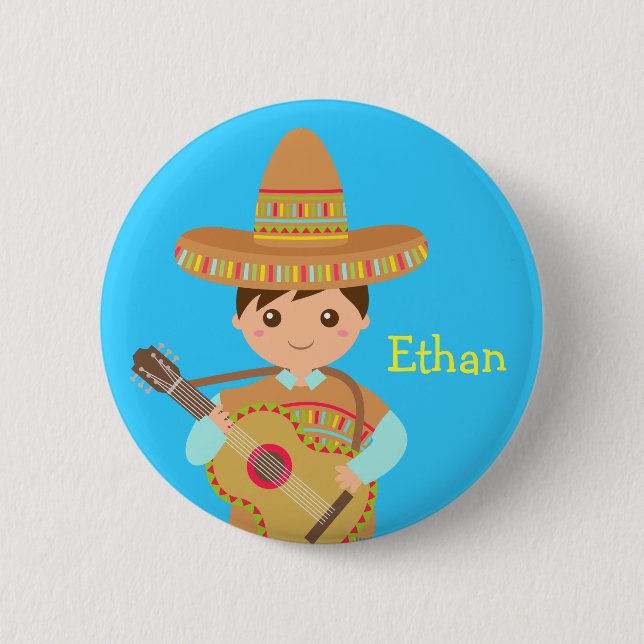 Cute boy Mexican Sombrero Hat Guitar Fiesta Button (Front)