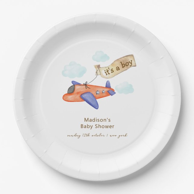 Cute Boy Minimal Aviator Airplane Baby Shower  Paper Plate (Front)