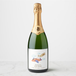 Cute Boy Minimal Aviator Airplane Baby Shower Sparkling Wine Label