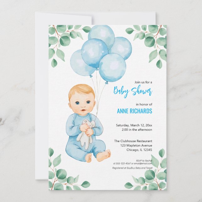 Cute boy modern eucalyptus blue balloons  invitation (Front)
