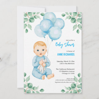 Cute boy modern eucalyptus blue balloons  invitation