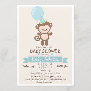 Cute Boy Monkey, Jungle Zoo Animal Baby Shower Invitation