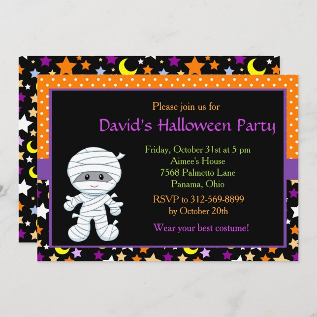 Cute Boy Mummy Halloween Costume Party Invitation (Front/Back)