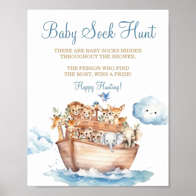Cute Boy Noah's Ark Baby Shower Baby Sock Hunt Poster (Front)