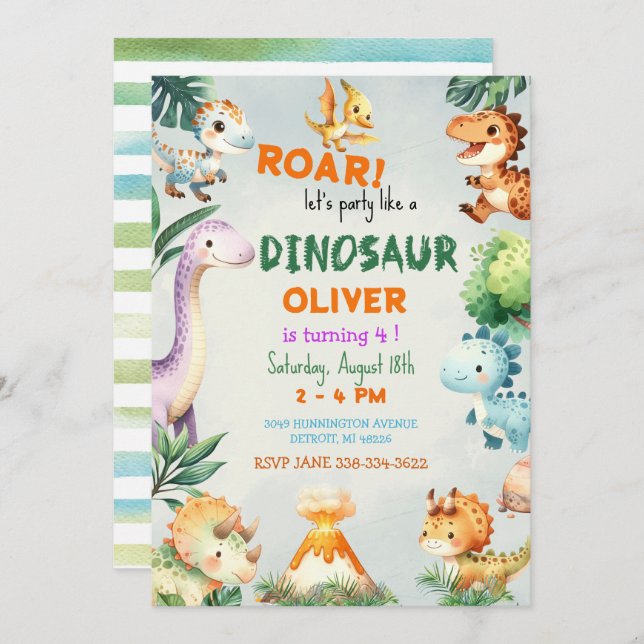 Cute Boy Party Like a Dinosaur Birthday Invitation (Front/Back)