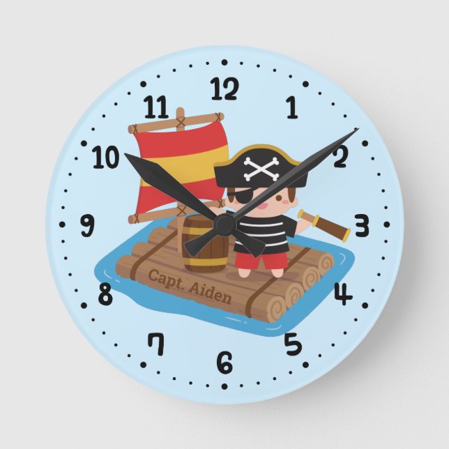 Cute Boy Pirate Set Sail Wooden Raft Kids Room Round Clock (Front)